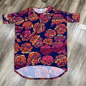 Lularoe Blouse sz:S Hi Lo Tunic Irma Navy - Pink/Orange Roses Floral Relaxed NEW
